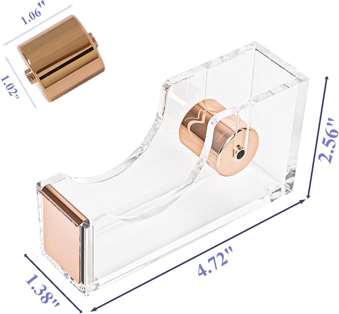 Rose Gold Clear Acrylic Tape Dispenser, Heavy Duty Non-Slip Desk Tape Dispenser with Serrated Stainless Steel Blade, Single Hand Dispensing Tape Holder for Office Home School Gift Wrapping