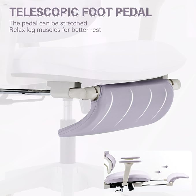 Ergonomic Office Chair with Retractable Footrest, Purple | High Back Design, Dynamic Lumbar Support, 2D Headrest & 2D Armrests, Breathable Mesh Back for Home Office