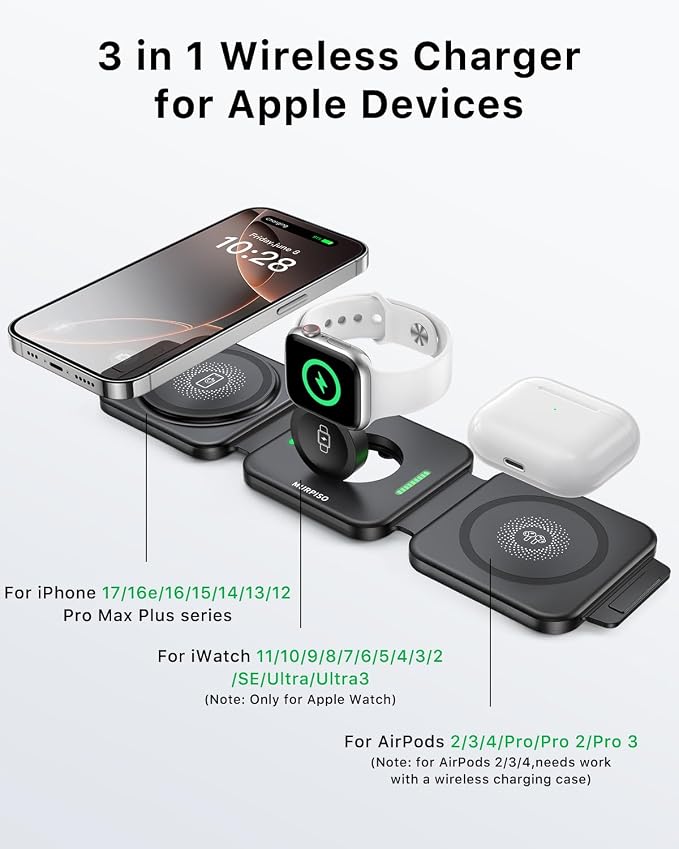 3-in-1 Foldable Magnetic Wireless Charging Station for Apple Devices – The Travel & Desktop Organizer Compatible with iPhone 17-12 Series,for iWatch &for AirPods Space-Saving Design