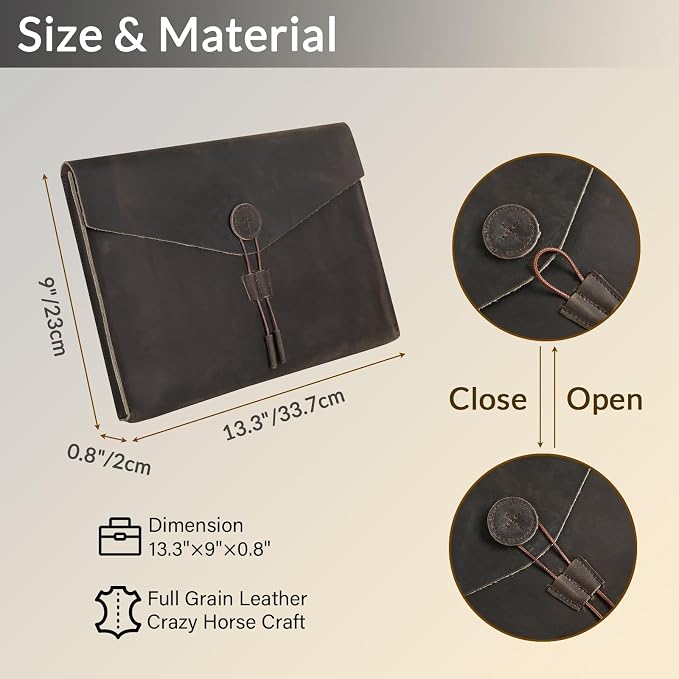 Genuine Leather Envelope Document Holder， Leather File Folder Organizer，Envelope Document Holder for Men&Women, Personalized Folio Laptop Sleeve Case for 15" Laptops, Tablets
