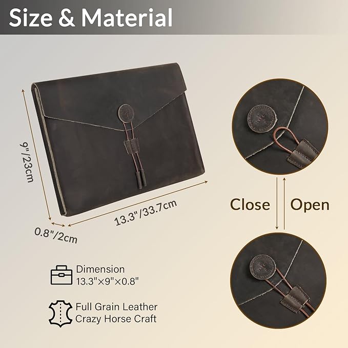 Genuine Leather Envelope Document Holder， Leather File Folder Organizer，Envelope Document Holder for Men&Women, Personalized Folio Laptop Sleeve Case for 15" Laptops, Tablets
