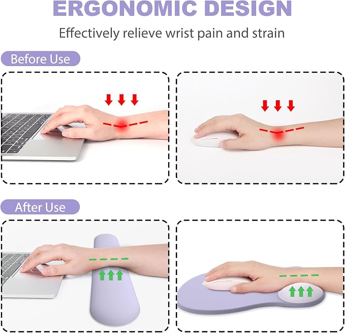 Ergonomic Mouse Pad with Wrist Rest and Keyboard Wrist Rest, Gel Mousepad and Wrist Rest for Computer Keyboard, Pain Relief, Non-Slip PU Base, Mouse Pad with Wrist Support for Gaming, Office, Purple