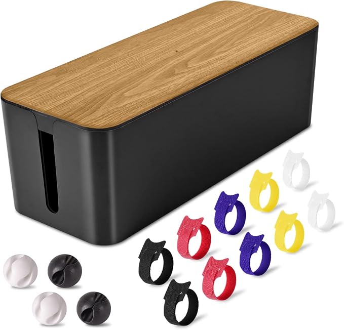 Tuwechen Cable Management Box, Large Cable Organizer Box to Hide Wires | Wooden Grain Design, TV & Desk Computer Wires Cord Hider, Desk Cord Organizer, Floor Outlet Hiders, for Home & Office, Black