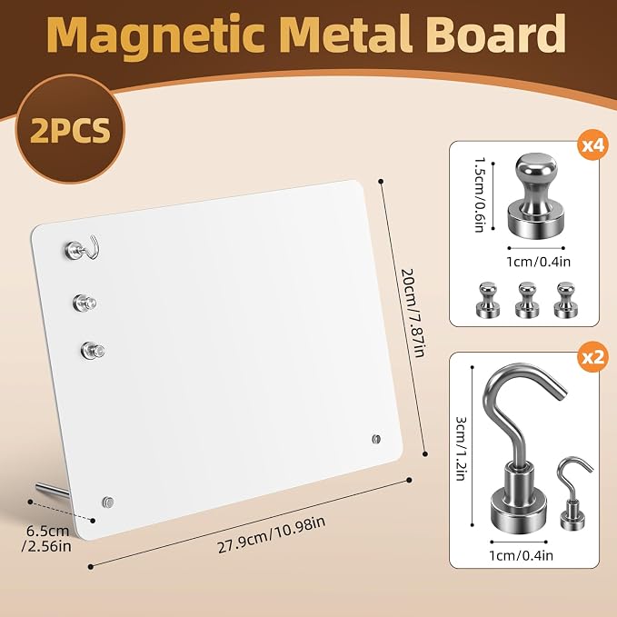 2 Pack Small Magnet Board - White Magnetic Board | 11x8Inch Metal Magnetic Bulletin Board with 6 Magnets, Magnet Display Stand for Home School Kitchen Office
