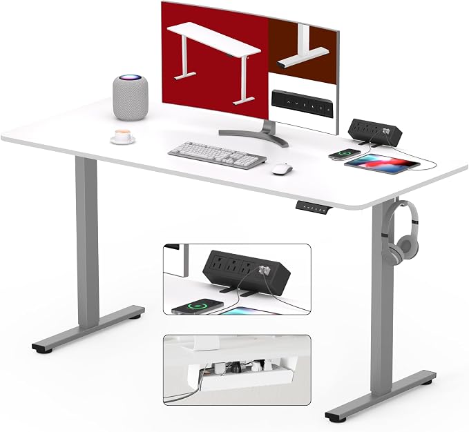 SANODESK Electric Standing Desk with Desk Clamp Power Strip 48"x 30" Whole-Piece Desktop Height Adjustable Stand Up Desk with Cable Management Sit Stand Home Office Desk Silver Frame/White Top
