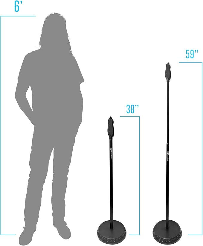 AxcessAbles Weighted Mic Stand Floor with Heavy Round Base, Quick Grip Height Adjustment - 74" Microphone Stand Include 33" Detachable Mic Boom Arm. Tall Microphone Stand for Singing (MS-201RB) 2-Pack
