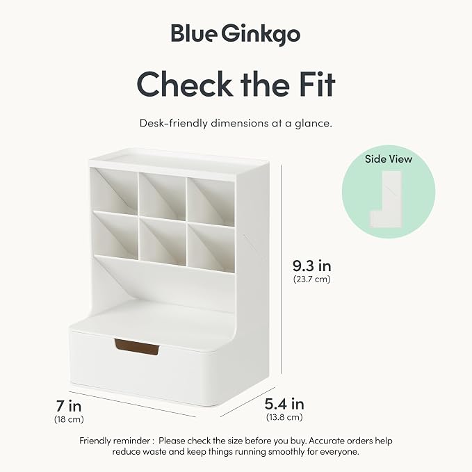 BLUE GINKGO Hive Pen Desk Organizer, White, Made in Kore | 6 Compartments. Full Drawer. Everyday Storage.
