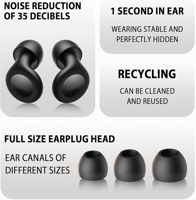 Adhiper Ear Plugs for Noise Reduction 35db Ear Protection, Silicone Reusable Earplugs with 4 Pairs Ear Tips & Small Box for Sleep, Concerts, Work, Study - Black