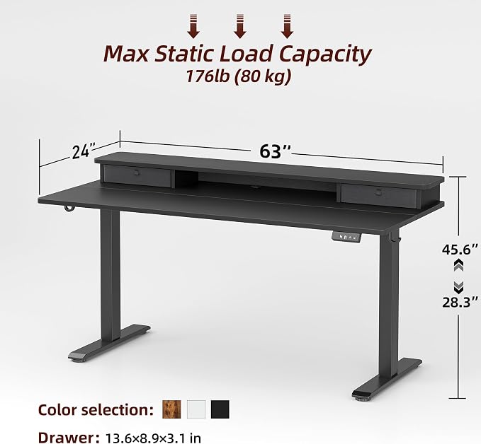 TIQLAB Standing Desk with Two Drawers, Stand Up Standing Desk Adjustable Height, Electric Sit Stand Table with Storage Shelf and Splice Board, 63 * 24 inch, Black