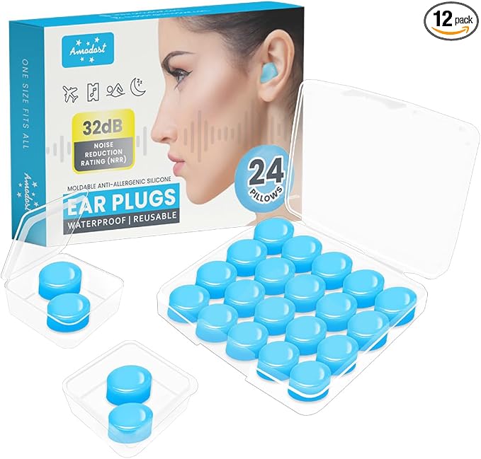 Ear Plugs for Sleeping & Snoring - 12 Pairs Moldable Silicone Gel Earplugs for Noise Cancelling, Swimming, Airplane, 32 dB NRR Reusable Waterproof Ear Plugs for Men Women (Blue)