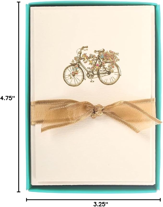 Graphique Flower Bicycle La Petite Presse Boxed Notecards, 10 Embellished Gold Foil Blank Cards with Matching Envelopes and Storage Box, 3.25" x 4.75"