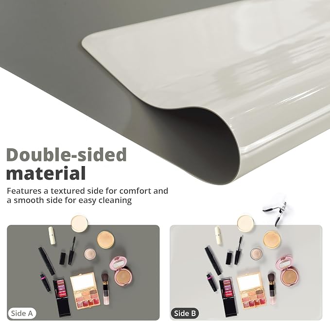 LovePads Makeup Mat for Vanity, 16 x 32 Dual-Sided Desk Pad & Vanity Cover Top, Waterproof PVC Protector Mat for Dresser, Nail Art, Craft Table (Dark Grey+Grey)