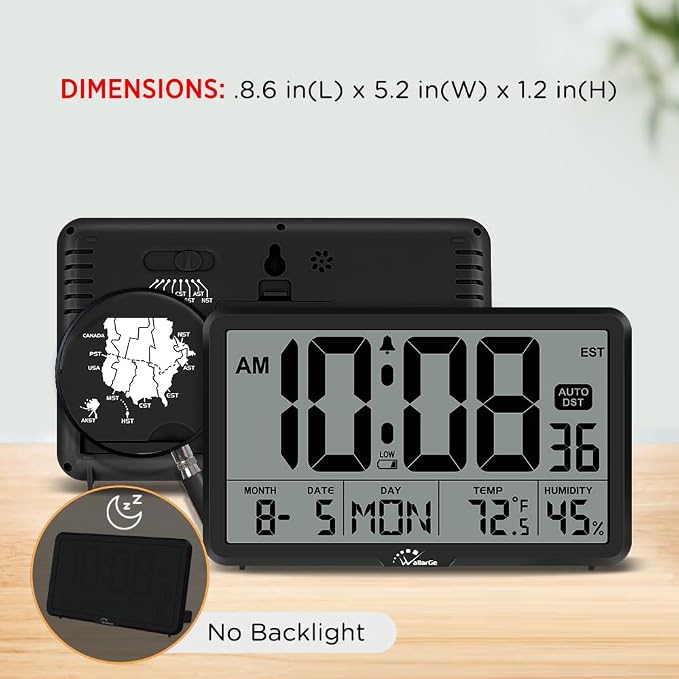 WallarGe Auto Set Digital Wall Clock Battery Operated, Auto DST | Desk Clock with Temperature, Humidity and Date, Large Display Digital Calendar Alarm Clock for Bedroom, Office, Classroom
