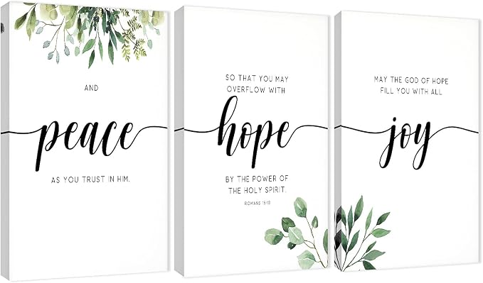 3 Piece Inspirational Wall Art, White Plants Background Picture, Quotes "Peace Hope Joy" Canvas Print for Home Decor, Triptych Motivational Poster Framed Artwork for Classroom Wall Decor (72"Wx36" H)