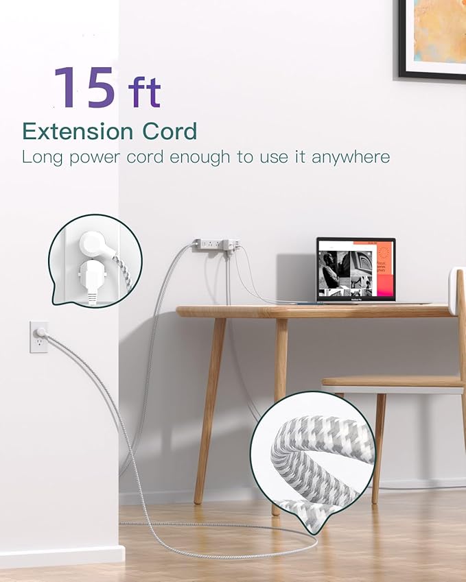 Surge Protector Power Strip - 15 FT Extension Cord, Power Strip with 12 Widely AC Outlet 3 USB, Flat Plug Wall Mount Overload Protection, 1050J, Desk Charging Station for Home Office, ETL Listed,White