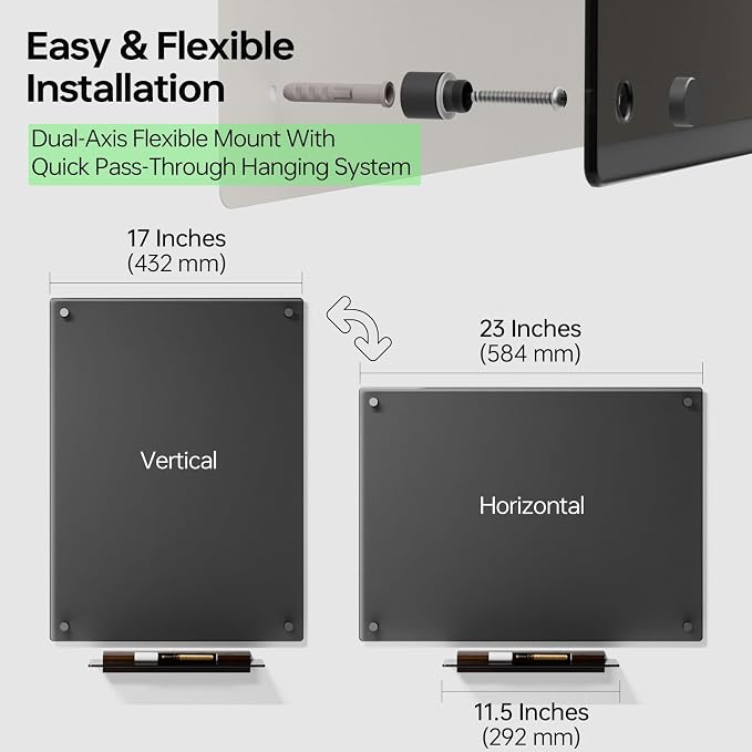 YEOUX Glass Dry Erase Whiteboard - 17"x23" Translucent Black Glass White Board for Wall with Wooden Based Floating Marker Tray, Non-Magnetic Writing Board for Kitchen, Home and Office
