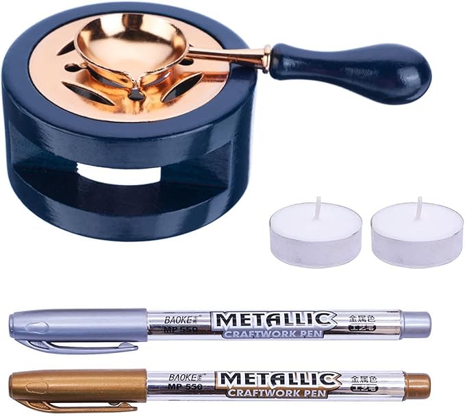 SWANGSA Wax Seal Warmer Kit, Sealing Wax Furnace Tool with 2pcs Wax Seal Pens + Wax Seal Spoon and 2pcs Candles for Sealing Wax Stamp Wedding Invitation Envelope Letter (Starry Blue)