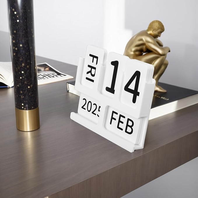 Acrylic Perpetual Calendar for Desk, Vintage Desktop Perpetual Calendar 2025-2034, Large Date Display Flip Blocks Tabletop Decor Daily Calendar Desk Accessory for Daily Office Home decoration (White)