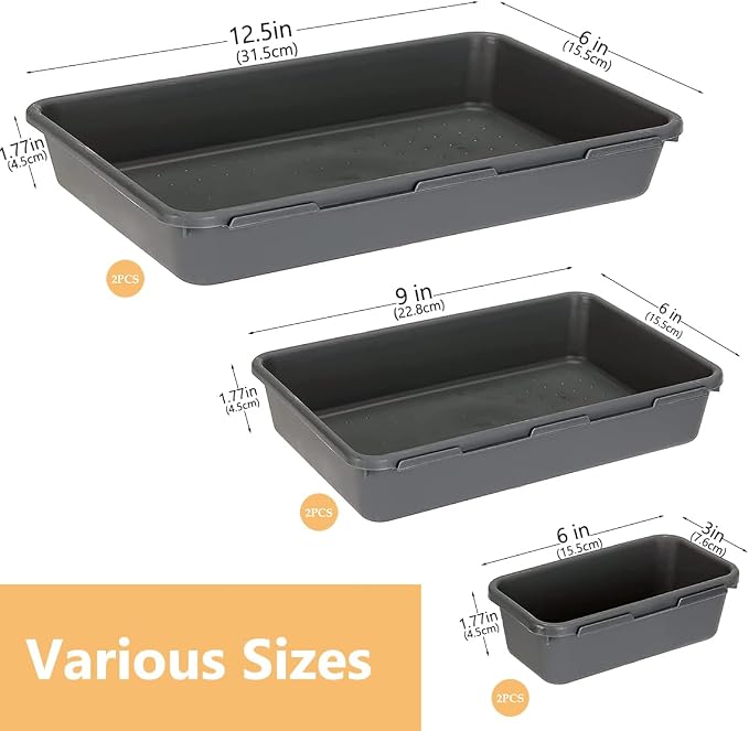 Kutesna 6 PCS Large Drawer Organizer,3 Sizes Plastic Desk Organizer Trays | Versatile Kitchen Drawer Organization and Plastic Storage Bins for Makeup, Vanity, Kitchen, Utensils, Office, Bathroom