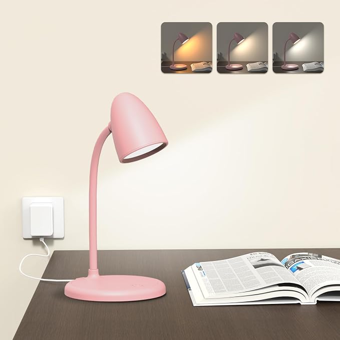 LED Desk Lamp for Home Office,3 Light Colors, Table Lamp,Dimmable Reading Light for Bedside Small Desk Lamp for College Dorm Room,Bedroom Desk Light Pink