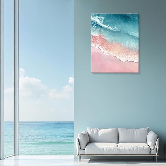Coastal Pink Beach Wall Art Decor Blue Ocean Wave Painting Picture Artwork Pastel Seascape Wall Decor for Home Beach Room Bedroom 8x10 Canvas Framed