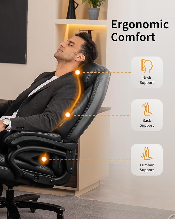 Big and Tall Executive Office Chair with Adjustable Lumbar Support, Extra Wide Seat, Heavy Duty Computer Desk Chair for Long Working Hours, Gaming & Home Office, Quiet Rolling Wheels