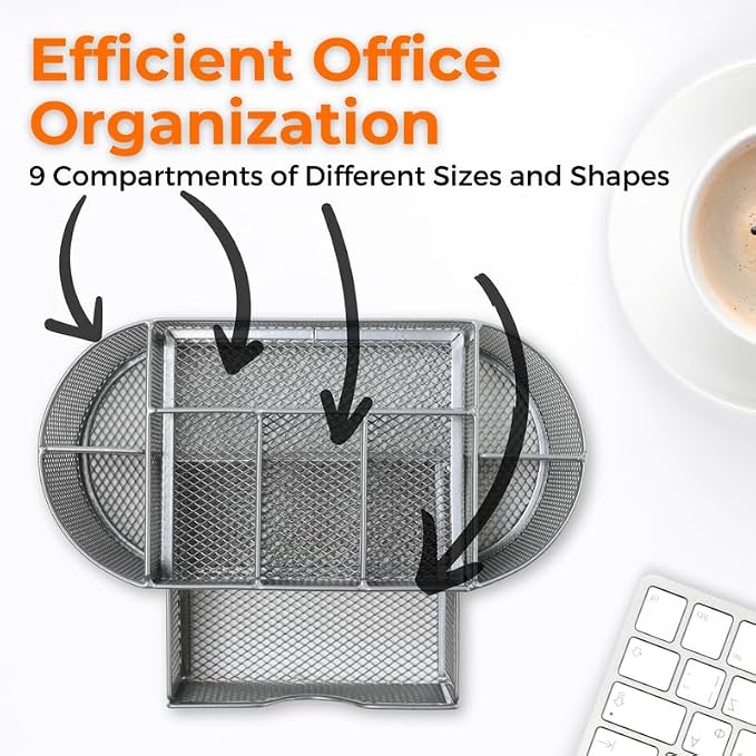Pen Holder Desk Organizer – 9-Compartment Pencil Holder Desk Organizer with Drawer Tray – Desktop Organizer for Office Supplies and Stationery – Pen Holder for Home, Office, School - Silver