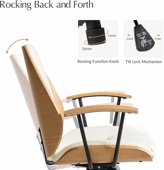 HULALA HOME Solid Wood Office Chair with Tilt Function & Metal Base, Ivory | Mid Century Modern Desk Chair with Bent Wood Frame, 360° Swivel Fabric Computer Task Chair, Height Adjustable