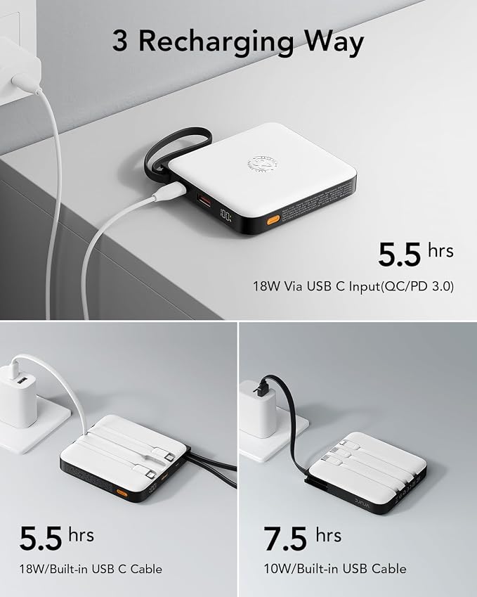 20000mAh Portable Charger Built-in Cables, 22.5W Fast Charging Power Bank | LED Display, Travel Essentials for iPhone 17/16/15 Series, Samsung Galaxy S26 Series, Battery Pack ,White