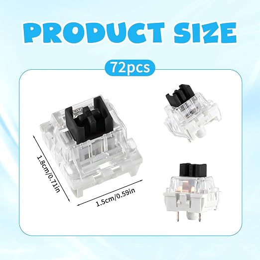 Mechanical Keyboard Switches, 72 Pcs 3 PIN Keyboard Clickers for 3D Prints | Black Replacement Dustproof Waterproof Key Switches for Most Gaming Keyboards