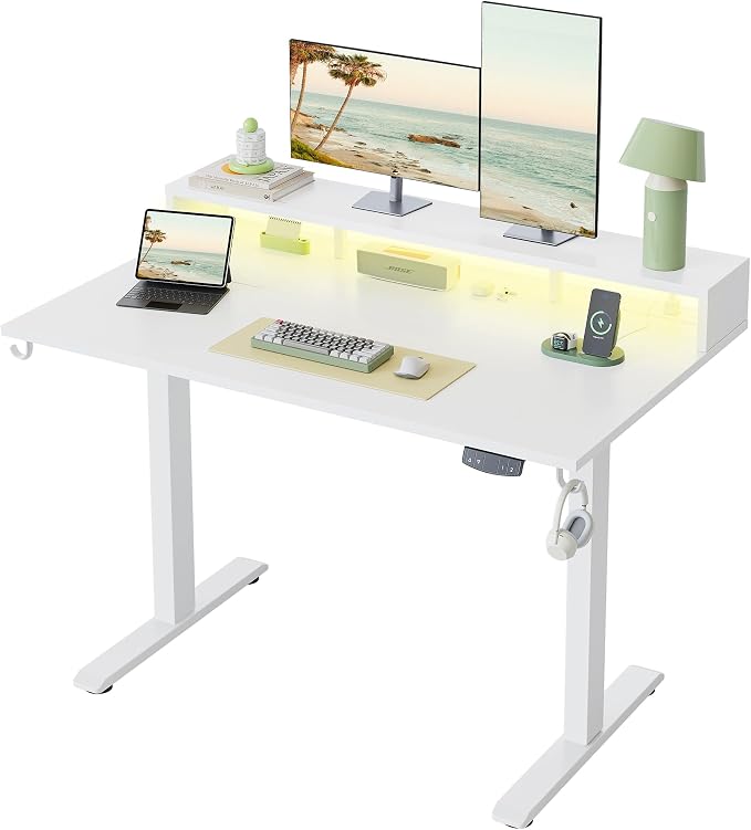 Klicelor Electric Standing Desk with Shelf, 48 Inch Height Adjustable Desk with Power Outlets & LED, Sit Stand Up Table with Monitor Stand, Computer Workstation for Home Office, White
