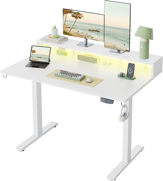Klicelor Electric Standing Desk with Shelf, 48 Inch Height Adjustable Desk with Power Outlets & LED, Sit Stand Up Table with Monitor Stand, Computer Workstation for Home Office, White