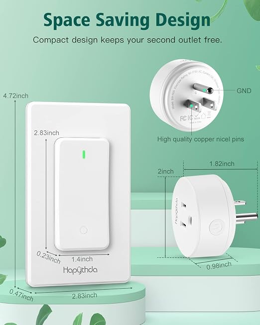 Remote Control Outlet, Wireless Wall Mounted Light Switch, 15A/1500W Remote Outlet for Light & Small Electrical Appliance, 300 Feet RF Range, Anti-Surge 4000V, 1 Remote and 2 Outlets