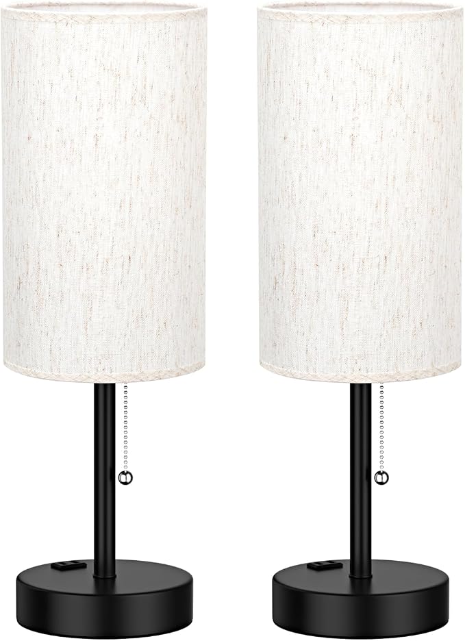 17.4" Large Bedside Table Lamps Set of 2 - 3 Color Temperatures Pull Chain Lamp with AC Outlet Charging Port, Round Night Stand Lamps for Bedroom Guest Room Office, Bed Side Light with E26 LED Bulbs