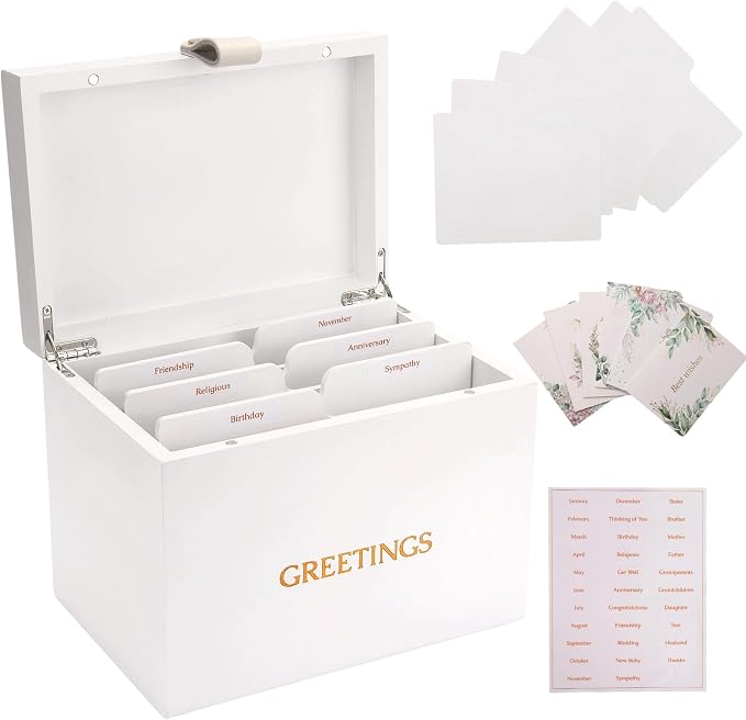 Large Bamboo Greeting Card Organizer Box with 6 Removable Dividers, Real Leather Handle, 100% Handmade Solid Bamboo, Storage Box for Christmas, Valentine, & Birthday Cards, Postcards, Stationery& More
