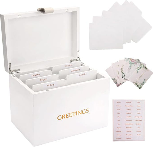 Large Bamboo Greeting Card Organizer Box with 6 Removable Dividers, Real Leather Handle, 100% Handmade Solid Bamboo, Storage Box for Christmas, Valentine, & Birthday Cards, Postcards, Stationery& More