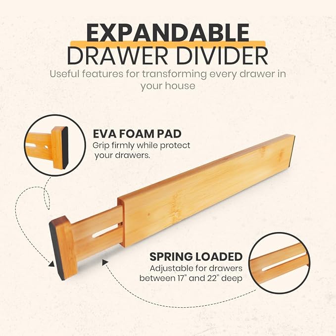 Adjustable Bamboo Drawer Dividers, Drawer Organizer for Kitchen, Bedroom, Bathroom, Office Desk, Dresser Nursery & Silverware, Natural Wooden Separators with Soft Foam Ends, Expandable