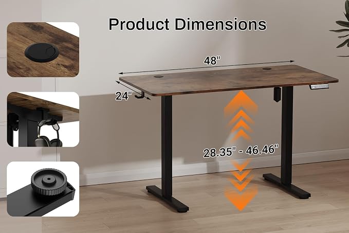 Standing Desk Electric Height Adjustable Desk 48 x 23.6 Inches Sit Stand up Desk, Computer Home Office Desk Memory Preset with Two-Piece Desktop (Vintage Brown, 48 * 24 Inch)