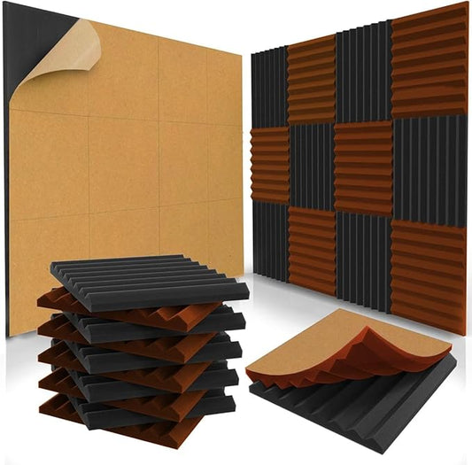 48 Pack Self-Adhesive Acoustic Panels 1 X 12 X 12 Inches - Acoustic Foam - Studio Foam Wedges - High Density Panels - Soundproof Wedges - Black/Orange