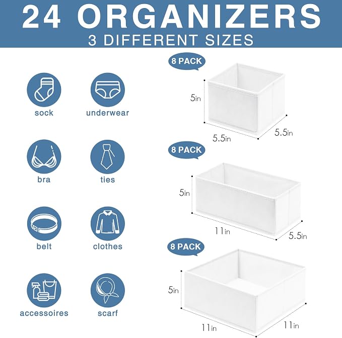 Drawer Organizer Clothes, 24 Pack Dresser Organizer Bins for Nursery Bedroom, Closet Organization and Storage Dividers for Clothing, Baby Clothes, Underwears, Socks (White)