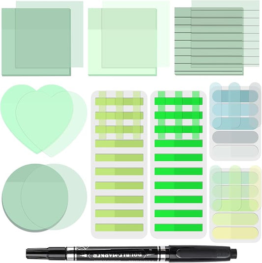 850 Sheets Transparent Sticky Notes, 3 x 3 Inch Clear Sticky Notes with Marker Pen for Bible, Waterproof Self-Adhesive Annotation Tabs, Gradient Color Note Pads for School Office (Green)