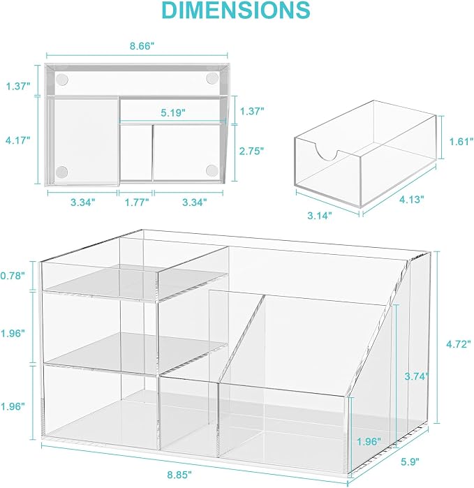 VITVITI Acrylic Desk Organizer with Drawer, Clear 8 Compartments Pen Holder | Desktop Stationery Organizer, Office Pen Pencil Storage, Back to School, Home Art Supplies, Large Capacity
