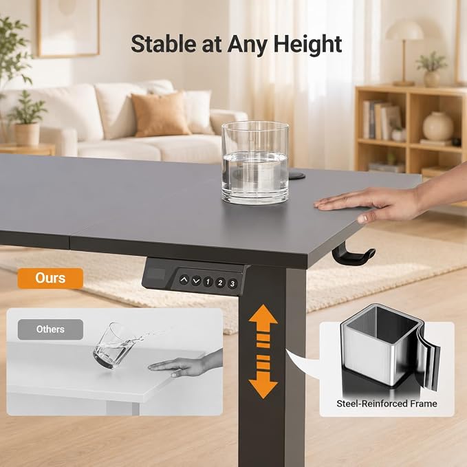 Claiks Electric Standing Desk, 48x24 Inch, Black | Adjustable height for sit-stand, 156lbs capacity, scratch-resistant surface, 3 memory presets, cable management & hook.