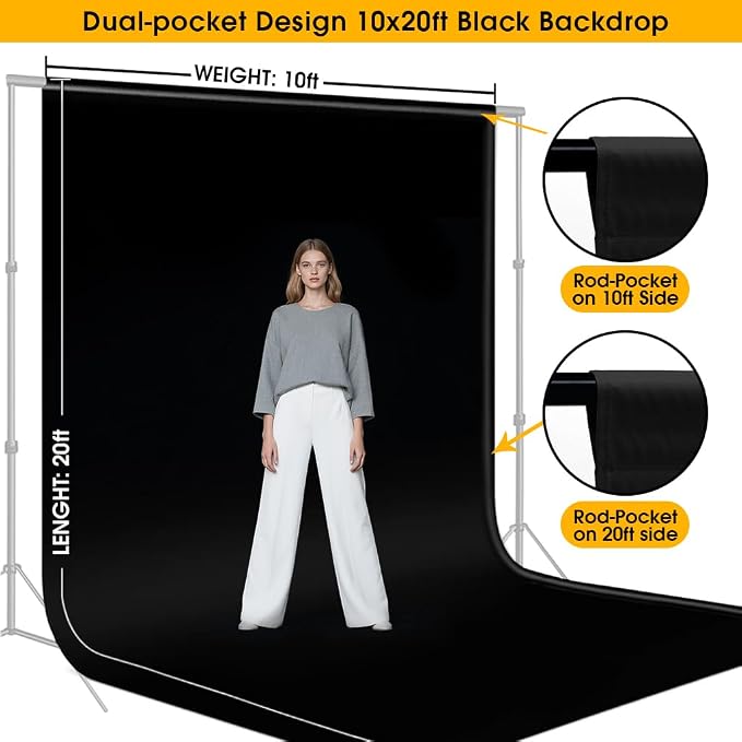 CPLIRIS 10x20ft Black Backdrop for Photography, Dual-Size Dual-Pocket Design Photo Booth Background for Portrait Photoshoot, Party and Video with Both Options of 10 feet and 20 feet in Width