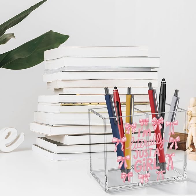 Pink Bow Girly Acrylic Cosmetic Pencil Pen Holder Cup Cute Gifts for Girl I'm Literally Just a Girl Preppy Decor for Home Office Desk Vanity Organizers and Accessories
