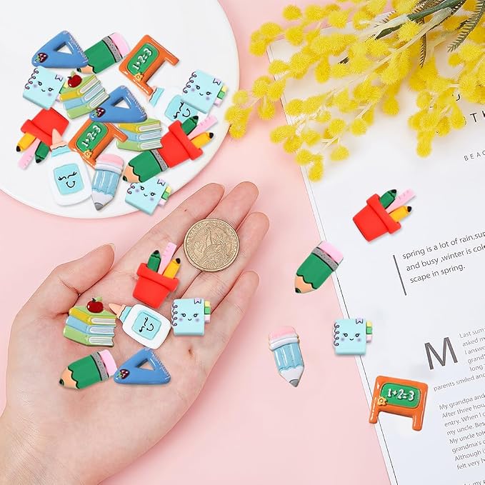 SUNNYCLUE Resin Cabochons Back to School Resin Charms Teacher School Themed Resin Charms No Hole Flat Back Brush Pencil Eraser Ruler Notebook Shape Colorful Cabochon for Hair Clips DIY Crafts