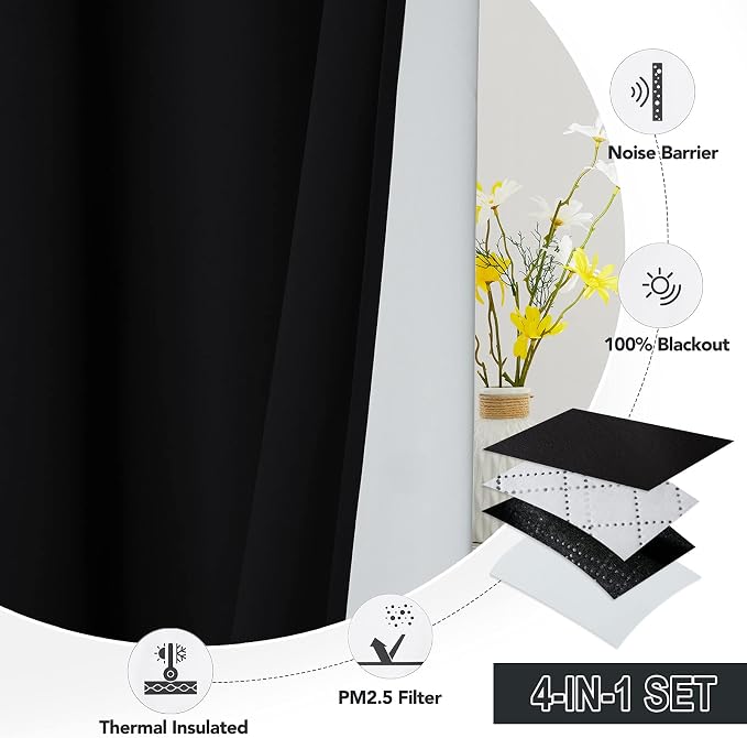 RYB HOME 4 Layers Dusts Filter Window Curtains with Melt-Blown Fabric, Heavy Duty Nosie Reducing Window Treatment 100% Blackout Privacy Drapes for Living Room, Black, W52 x L108 inch, 2 Panel
