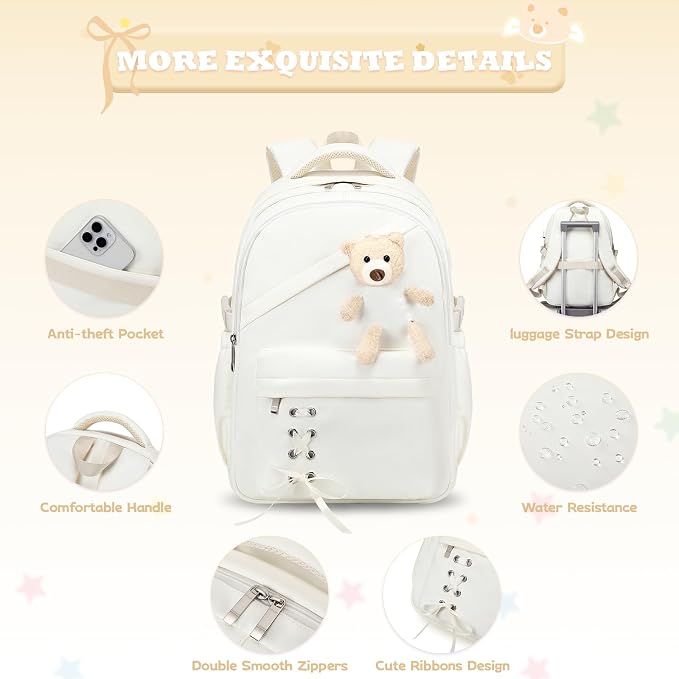 ACESAK Girls Backpack for School Set - 5 PCS Cute Girls Backpack with Lunch Box, Pencil Case, Bento Box & Insulated Water Bottle - Kawaii Casual Kids Bookbag Set Back to School Supplies (Beige)