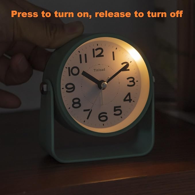 Tinload Analog Alarm Clock for Bedroom, Silent Non-Ticking Quartz Movement, Battery Operated with Snooze & On-Demand Light, Bedside Desk Table Clock, Ideal for Home, Office (Green)