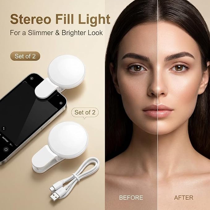 2Pcs Mini LED Ring Light for Phone, Rechargeable Clip On Selfie Light, Portable Adjustable Brightness LED Lighting for Video Recording, Compatible with iPhone, iPad, Laptop (White)